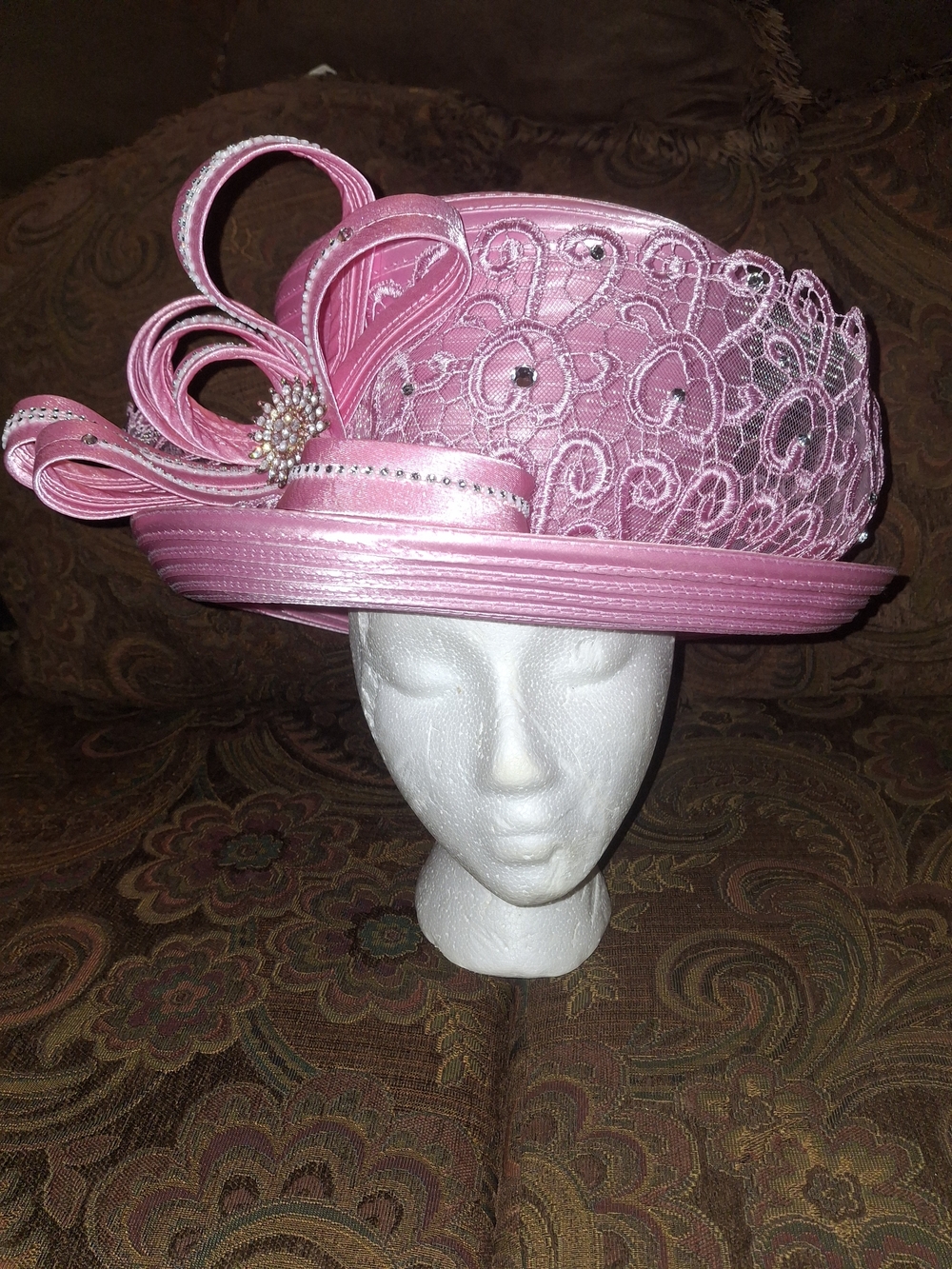 Ms Divine Elegant Pink Womens Lace Church Hat with Decorative Bow